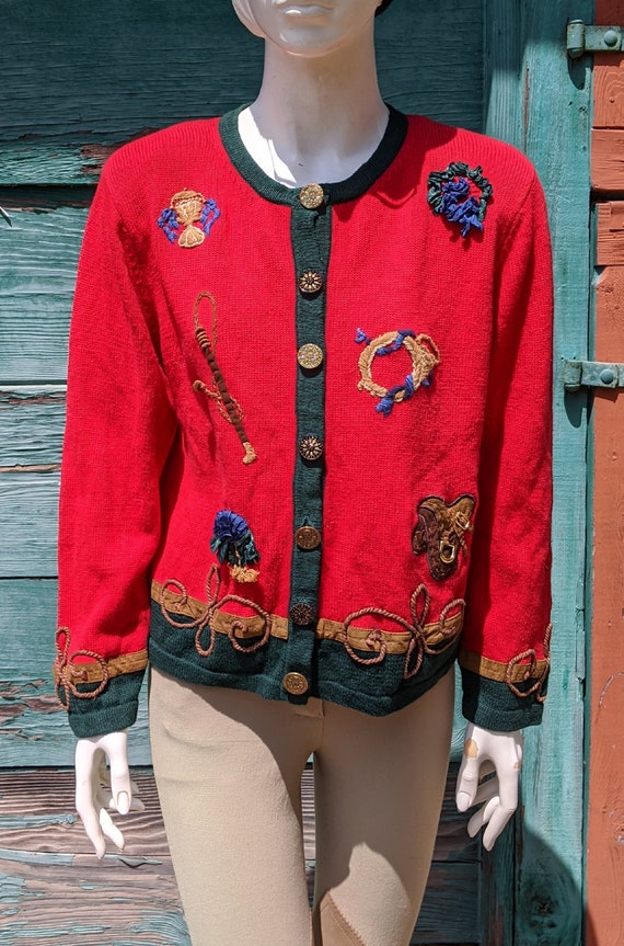 Vintage Cardigan Knit Red/Green Equestrian Detail… - image 1