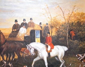 Cuadro al óleo vintage enmarcado, lienzo original, escena de caza de zorros en otoño – década de 1960