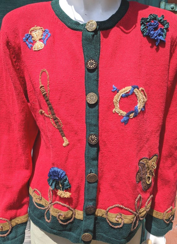 ヴィンテージカーディガン ニット 赤/緑 乗馬刺繍ディテール - 1980