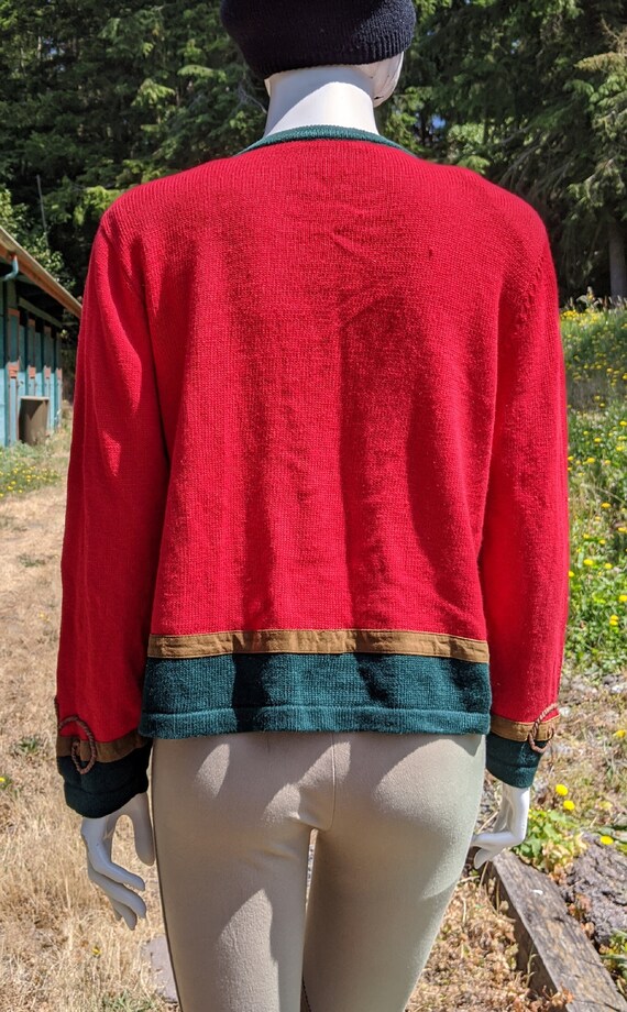 Vintage Cardigan Knit Red/Green Equestrian Detail… - image 5