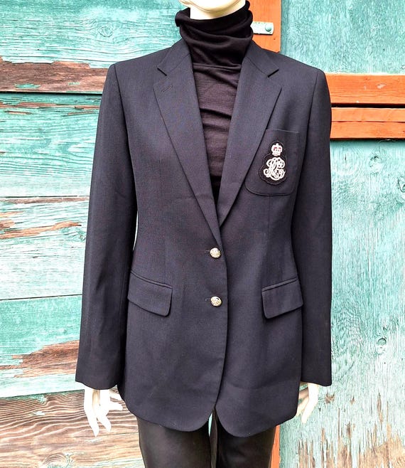 Vintage Blazer Ralph Lauren Black Wool Logo Pocket Equestrian 