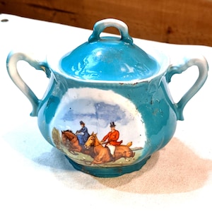 Azucarero vintage de porcelana con tapa, color verde azulado, con motivos ecuestres, década de 1930