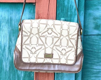 Vintage Handtasche Crossbody Reiterprint mit Lederverzierung Louvier -1980er Jahre