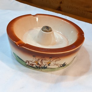 Vintage Round Ashtray Elevated Hand Painted Huntsmen and Hounds-1930s