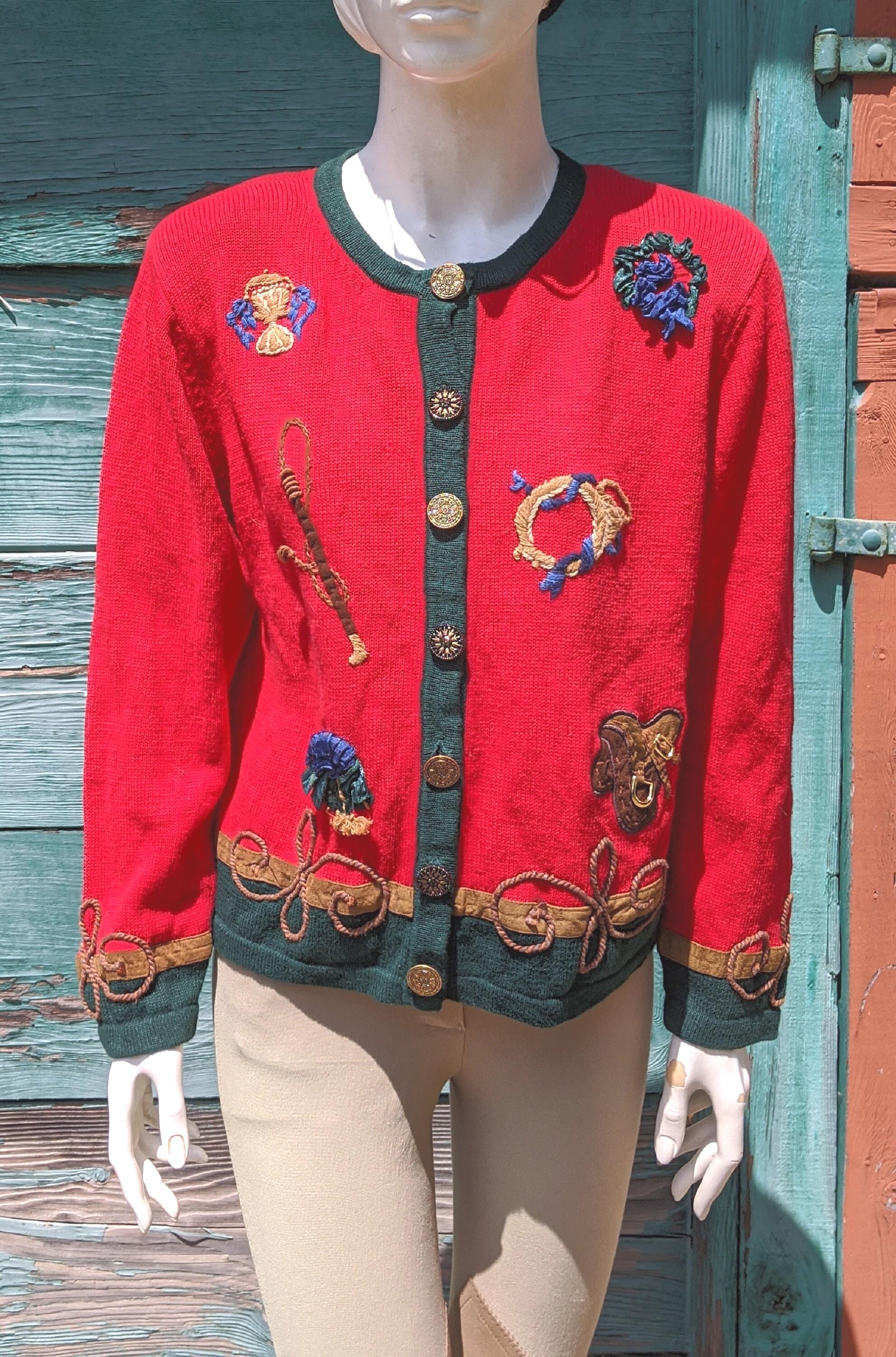 ヴィンテージカーディガン ニット 赤/緑 乗馬刺繍ディテール - 1980