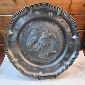 Vintage Display Plate Solid Pewter Two Horse Heads in Relief – 1970s