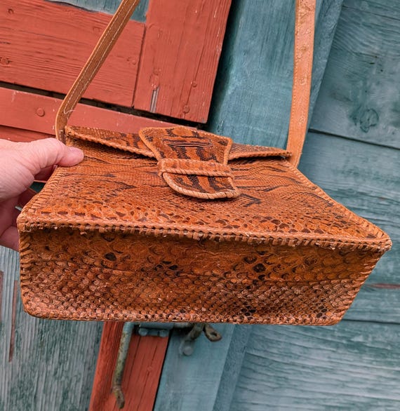 Vintage Handbag Structured Python Leather with Ad… - image 6