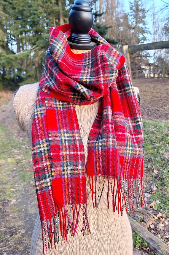 Vintage Wool Scarf Edinburgh Red Plaid with Long F