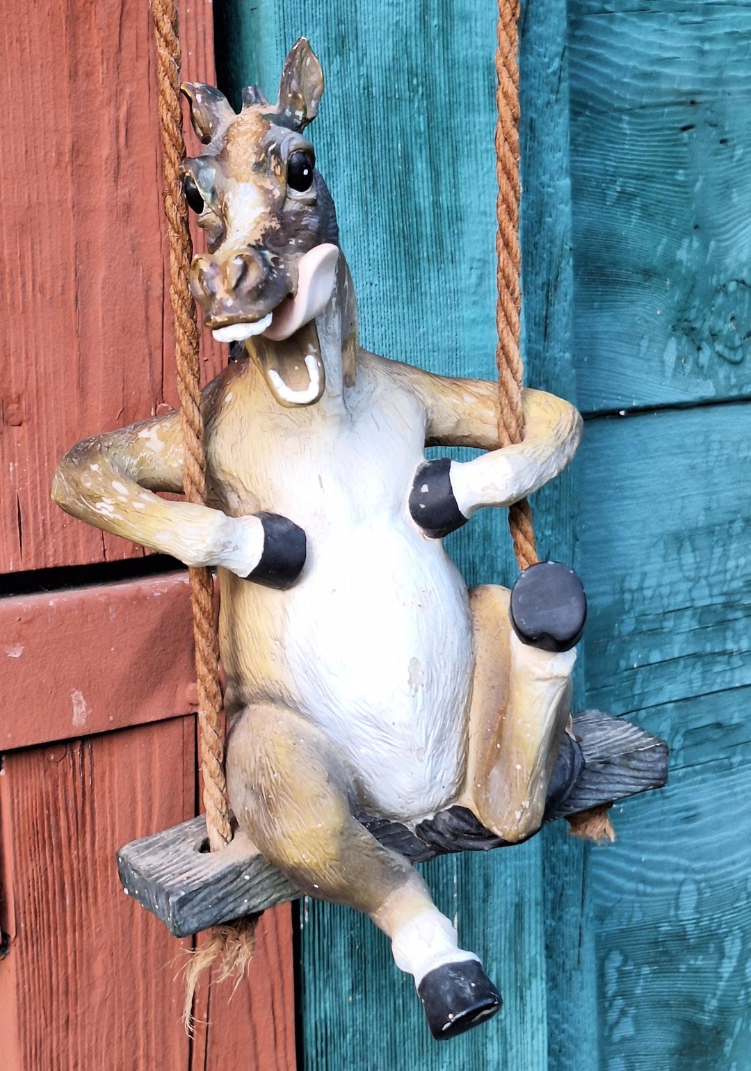 Vintage Hanging Sculpture Goofy Horse on Swing With Tongue Sticking Out ...