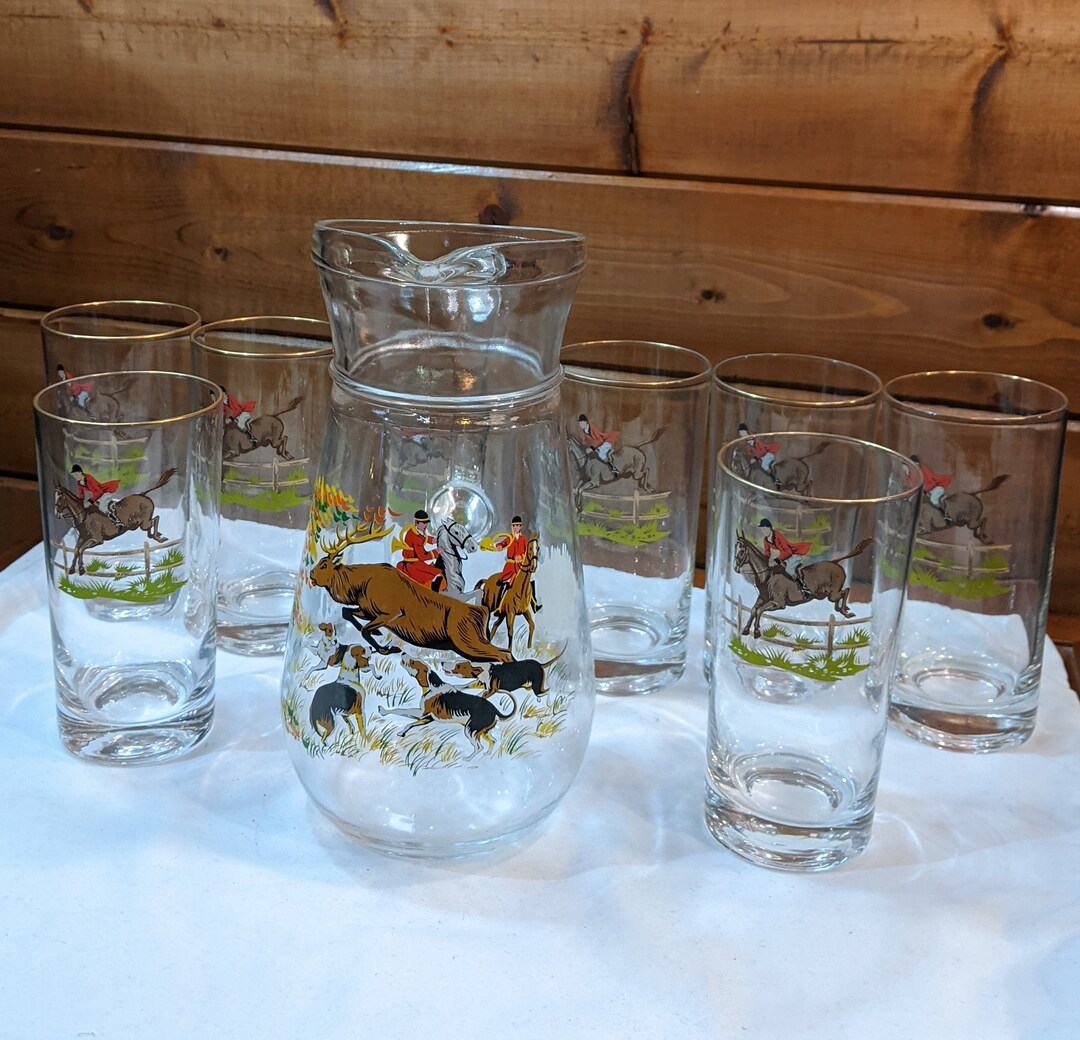 Vintage Lemonade Pitcher Set With Tall Glasses Stag Hunters Etsy