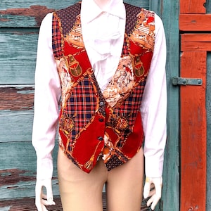 Chaleco vintage de algodón para mujer con ilustraciones de cazadores de zorros y tela (década de 1970)