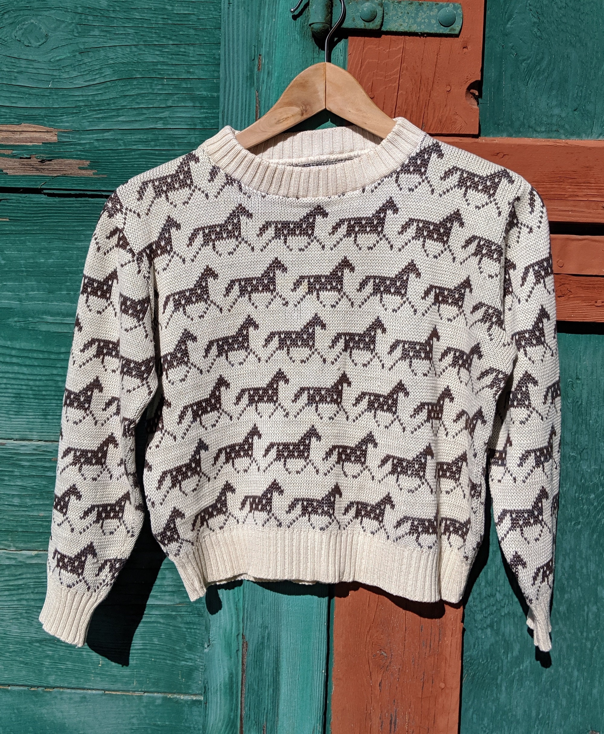 Vintage Sweater Cropped Trotting Horses Jacquard Knit