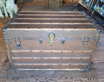 Antique Steamer Trunk with Inside Compartments/Shelf and Portage Wheels– 1890s