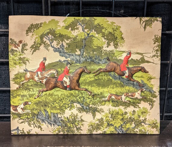 Vintage Fabric Print English Fox Hunters Raised Relief -1970s