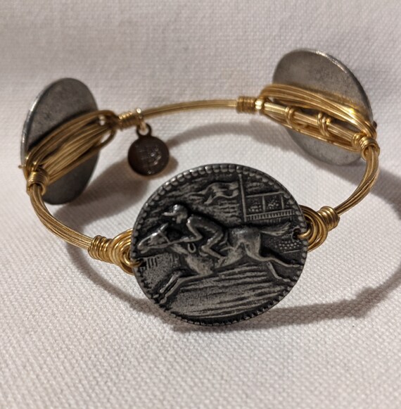 Vintage Equestrian Bracelet Pewter Medallion with Gold Wire – 1990s