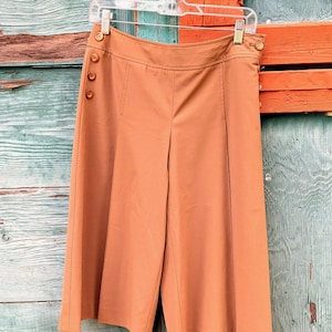 May include: A pair of rust-colored culottes with a high waist and wide legs. The culottes have button details on the side and are hanging on a clear hanger. The background is a weathered wooden door.