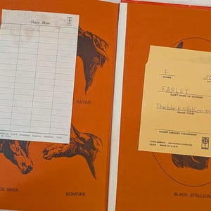 back inside cover page that is red with a manilla card envelope pocket on the right and a check out log on the left