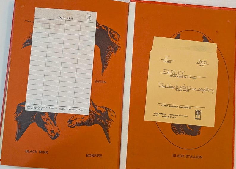 back inside cover page that is red with a manilla card envelope pocket on the right and a check out log on the left
