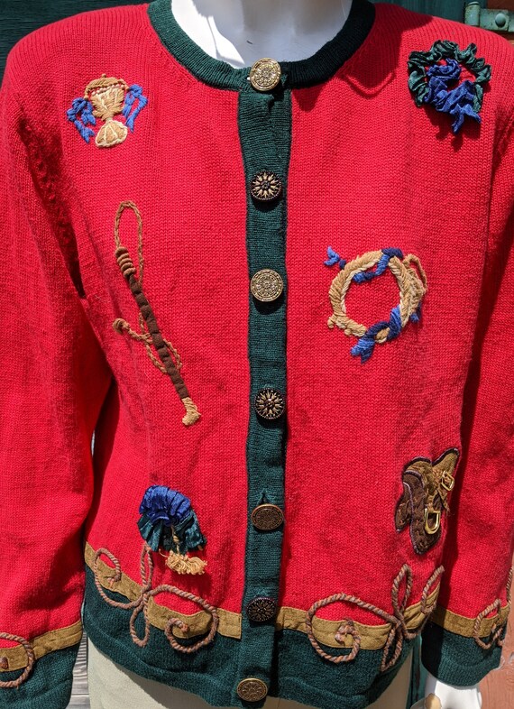 Vintage Cardigan Knit Red/Green Equestrian Detail… - image 3