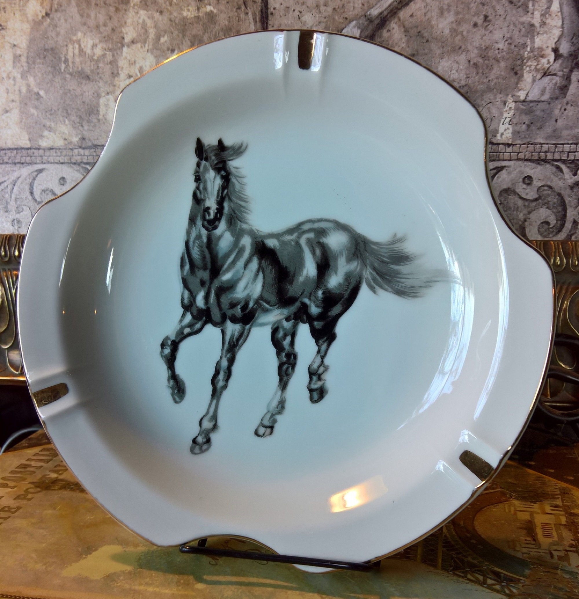 Vintage Horse Dish Ashtray Black Dancing Norleans Porcelain