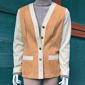 Cárdigan vintage de punto blanco de gabardina con paneles de piel de venado - años 60