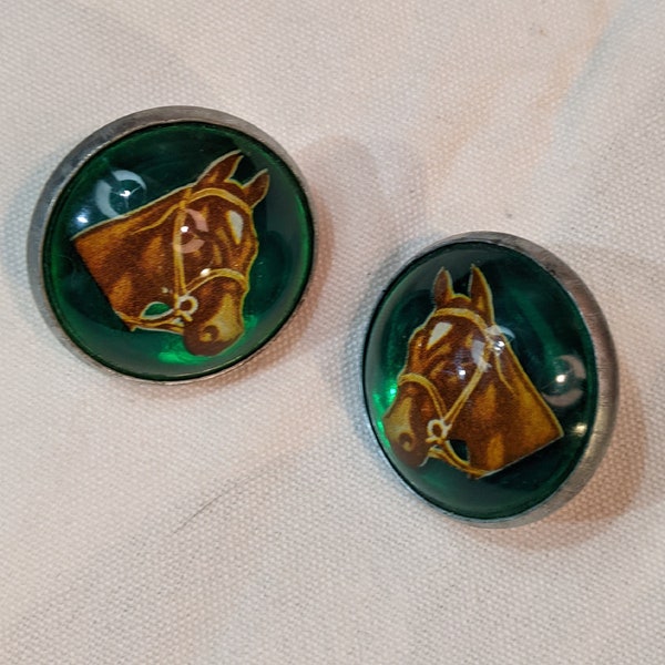 Vintage Bridle Rosette Pair H.A. Chapman Horse Head on Green-1960s