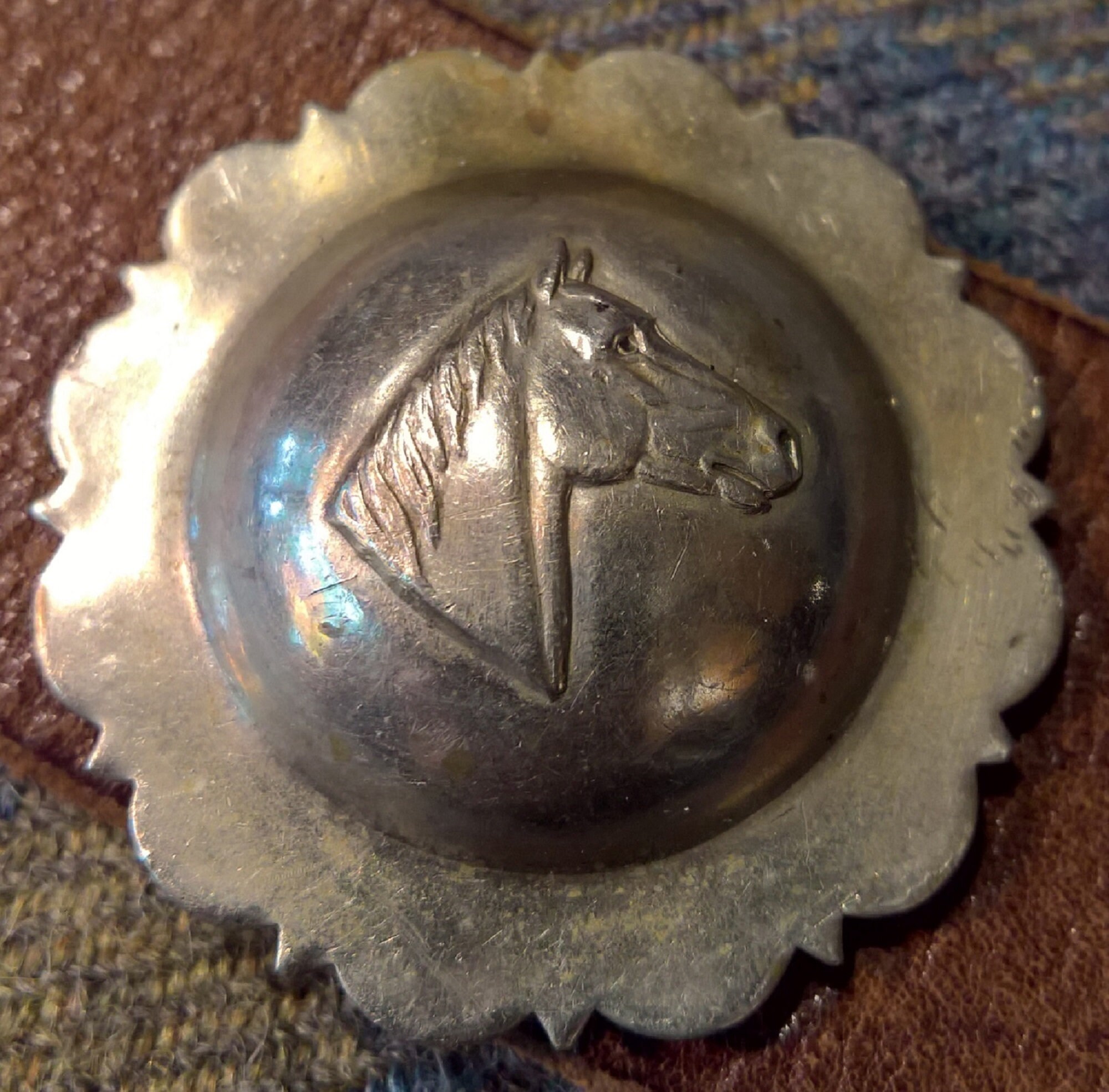 Antique Bridle Rosette Horse Head Silver Concho Cuff Leather Victorian