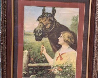 Vintage Framed Print Victorian Lady and Bay Horse – 1940s