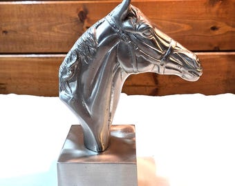 Vintage Pewter Horse Head Bust on Square Base – 1980s