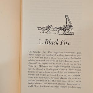 A page from a book with the title "1. Black Fire" and an illustration of horses racing. The text describes a horse race at Aqueduct Racecourse with a large crowd.