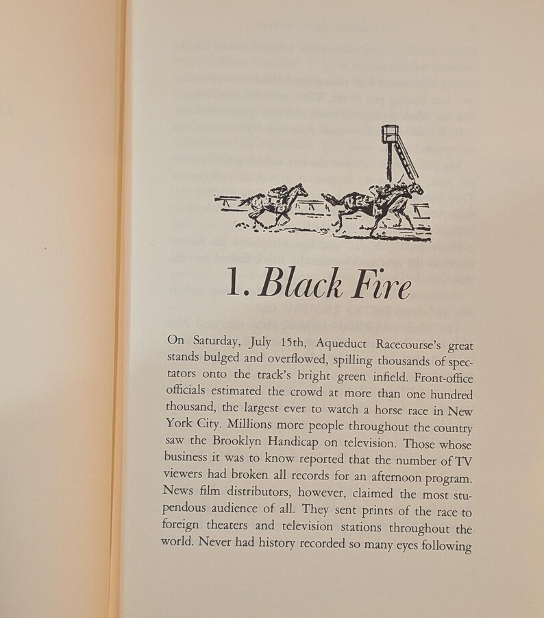 A page from a book with the title "1. Black Fire" and an illustration of horses racing. The text describes a horse race at Aqueduct Racecourse with a large crowd.