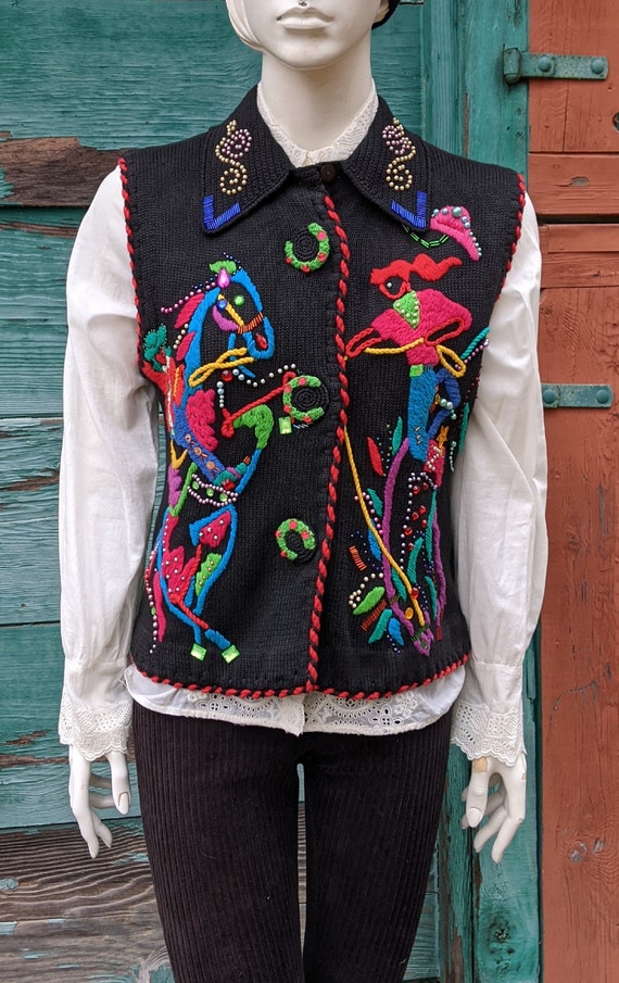Vintage Vest Embroidered Cowgirl and Cowboy Neon M