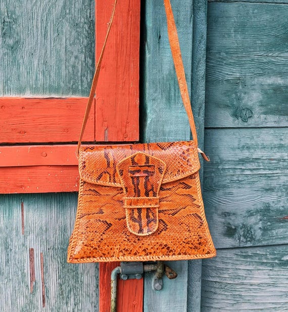 Vintage Handbag Structured Python Leather with Ad… - image 1