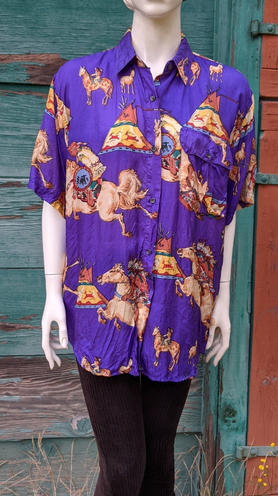 Vintage Silk Blouse Equestrian Illustrated Indian 