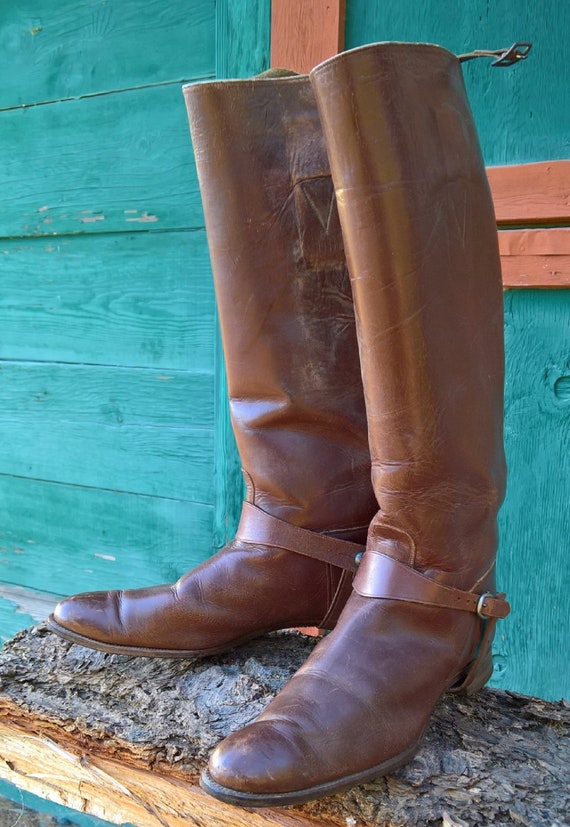 Vintage 1930s Brown Leather Hunt Boots Tall Riding