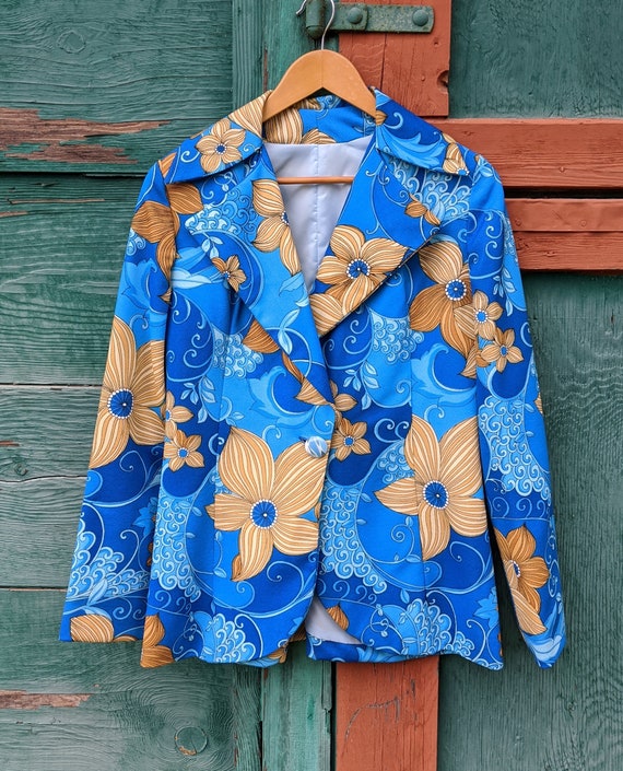 Vintage Blazer Vibrant Blue Floral – 1970s - image 6