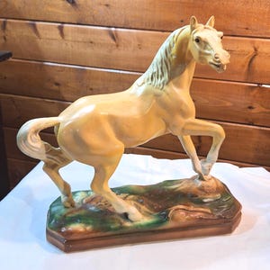 Vintage Statue Large Plaster Palomino Stallion on Rectangle Base – 1970s