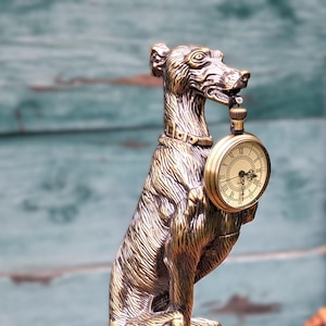 Vintage Timepiece Bronze Greyhound Holding a Pocket Watch on Cherry Base – 2001