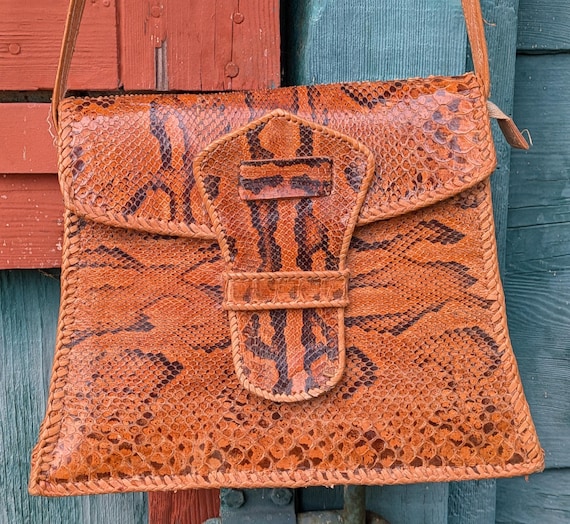 Vintage Handbag Structured Python Leather with Ad… - image 2