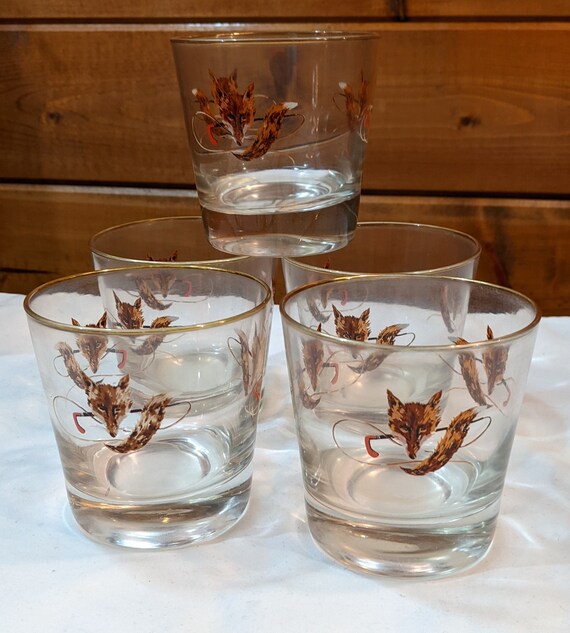 Vintage Whiskey Glass Set (5) with 3 Fox & Whip Images – 1950s