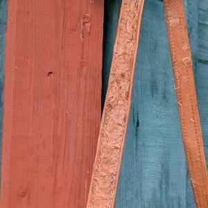 Detail of a leather shoulder strap from a structured snakeskin handbag. The strap is light brown and shows light wear.