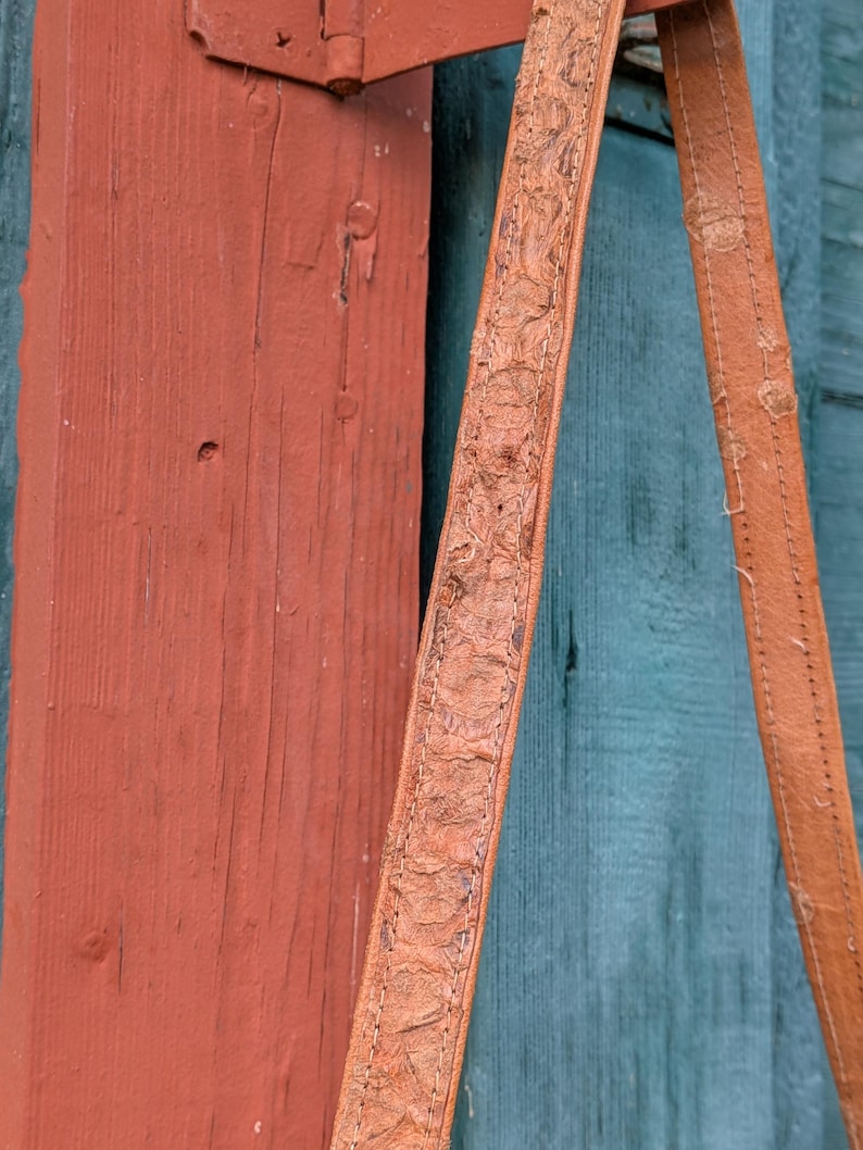 Detail of a leather shoulder strap from a structured snakeskin handbag. The strap is light brown and shows light wear.
