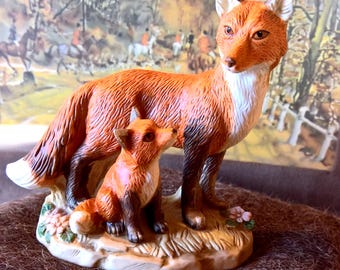 Vintage Figurine Porcelain Orange Fox & Cub Homco Collectible - 1990s