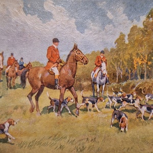 Vintage gerahmtes Druckpaar Fuchsjäger Kartenillustrationen von Savile Lumley - 1930er Jahre