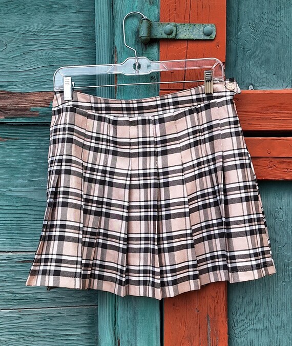 Vintage Short Pleated Skirt Sporty Tan Plaid – 19… - image 5