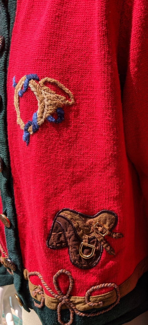Vintage Cardigan Knit Red/Green Equestrian Detail… - image 7