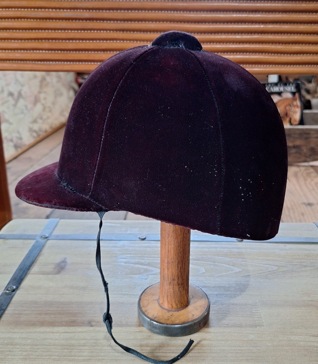 Vintage Riding Helmet Burgundy Velvet With Yellow Quilted Lining 1960s
