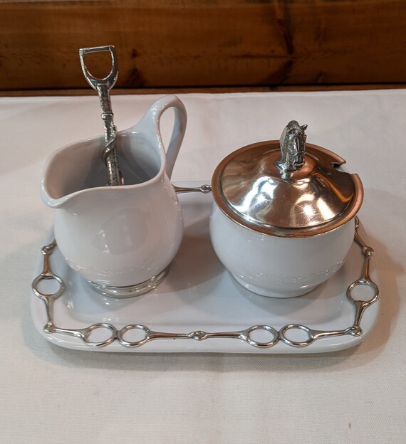 Stoneware and Pewter Equestrian Creamer & Sugar Set and Tray