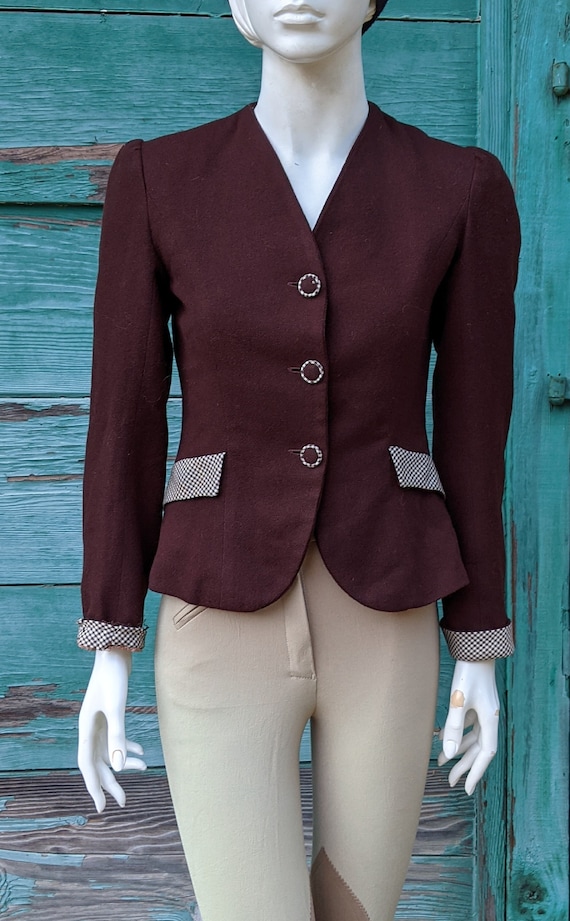 Vintage Riding Style Jacket Brown Wool with Plaid… - image 1