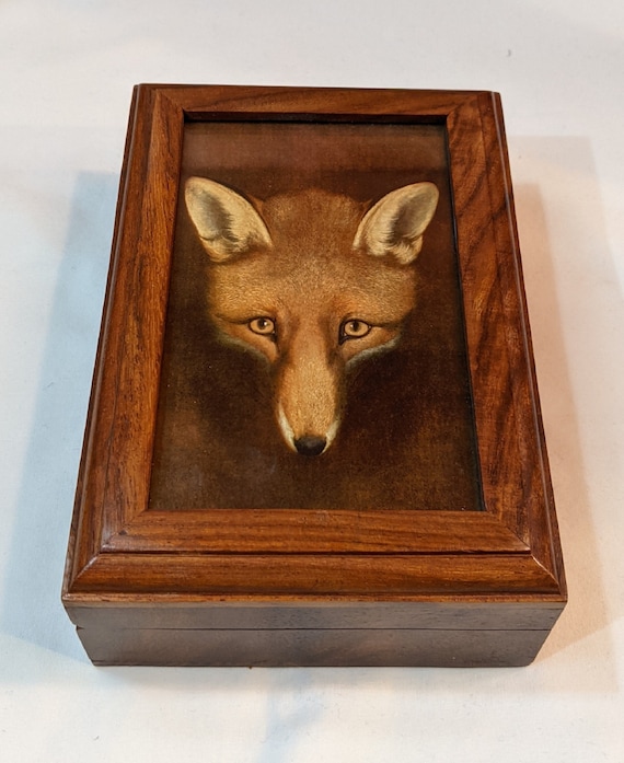 Vintage Wooden Box Fox Portrait Walnut with Glass inlay -1980s